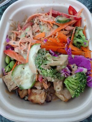 Forgot to take pic before digging in.. so delicious! Tofu Buddha bowl with a delicious oil free sauce at Vegetation Plant Food in Lakeland