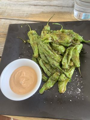 Shishito peppers with vegan aioli  at The Whitechapel Projects in Long Branch