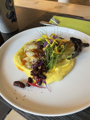 Hummus with roasted aubergine and preserved lemons    at Pensiun Chesa Pool in Sils Im Engadin