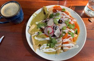 Chilaquiles + americano (breakfast menu)   at Tierra in Tulum