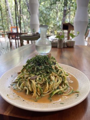 Zucchini noodles, peanut sauce.  Ask for extra peanut sauce for the extra deliciousness    at Tierra in Tulum