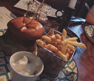 Vegan chicken burger with frites and garlic mayo   at King Henry VIII in Hever