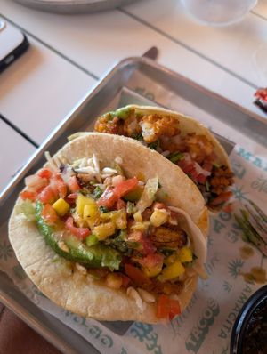 Vegan jerk and vegan chorizo and potatoes at Taco Mamacita in Chattanooga