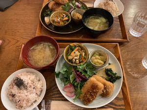 with miso soup and rice at Nishimaki Gohan in Tokyo