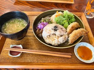Daily special with gyoza  at Nishimaki Gohan in Tokyo