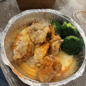 vegan orange chicken (half eaten oops lol)  at Fusion Eats in San Diego