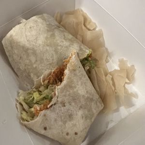 vegan chicken bulgogi burrito (it comes with wonton chips!)  at Fusion Eats in San Diego