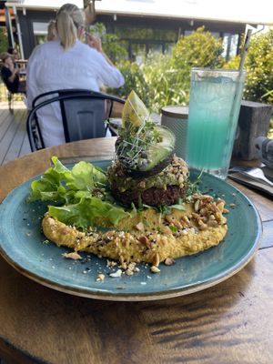 Zuchini & potato hash and dreamer juicee  at Pasture & Co in Currumbin Valley