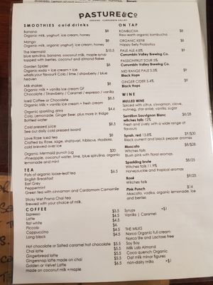 Menu at Pasture & Co in Currumbin Valley