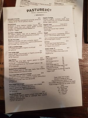 Menu at Pasture & Co in Currumbin Valley
