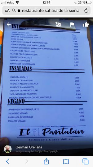 Menú  at El Pantalán in Algodonales