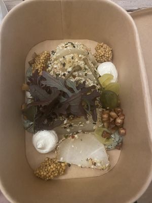 From the take away christmas menu: Tataki made from horseradish with hemp seed, a creme from cardamom, nori mayo, deep fried celeriac, pearl onions and pickles mustard seed.  at The Green Room - Cityhotel Wood in Middelburg