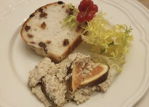 From the take away christmas menu: Mouse made from porcini mushrooms with raisin bread, fig and red berries. at The Green Room - Cityhotel Wood in Middelburg