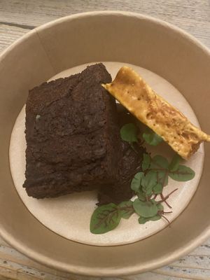 From the take away christmas menu: Red beet brownie with a cinnamon ganache and an agave comb.  at The Green Room - Cityhotel Wood in Middelburg