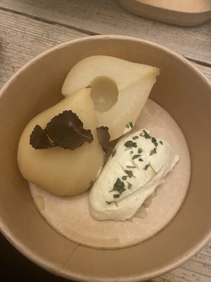 From the take away christmas menu: Poached pear from a table companion. Here with a non vegan creme made with gorgonzola cheese. at The Green Room - Cityhotel Wood in Middelburg