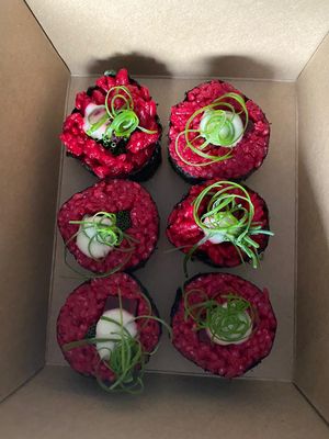 Maki sushi with with red beet, chives and horseradish. at The Green Room - Cityhotel Wood in Middelburg