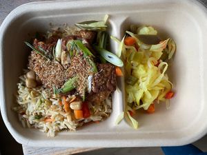 Satay made from tempeh with fried rice, peanut sauce, atjar tjampoer and seroendeng. Rice to satay ratio was off, too much rice. at The Green Room - Cityhotel Wood in Middelburg