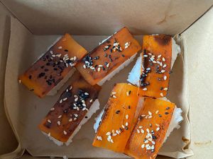 Nigiri sushi with roasted carrot, soy sauce, black garlic and sesame. at The Green Room - Cityhotel Wood in Middelburg