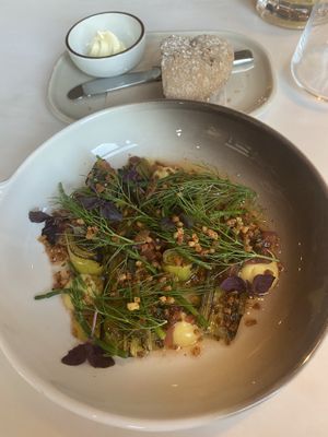 Grilled leek starter, served with bread. at The Green Room - Cityhotel Wood in Middelburg