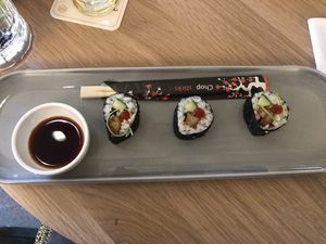 Sushi with teriyaki chicken, cumber, sriracha and chives. at The Green Room - Cityhotel Wood in Middelburg