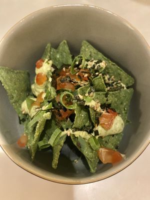 Complimentary amuse: seaweed nacho’s  at The Green Room - Cityhotel Wood in Middelburg