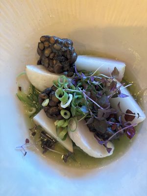 Tempeh van zwarte bonen, meiknolletjes in bouillion    at The Green Room - Cityhotel Wood in Middelburg