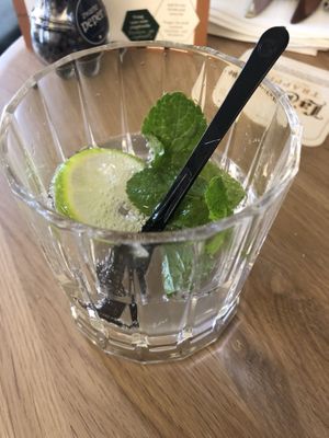 Homemade lemonade with elderflower syrup, lime, mint and sparkling water. at The Green Room - Cityhotel Wood in Middelburg
