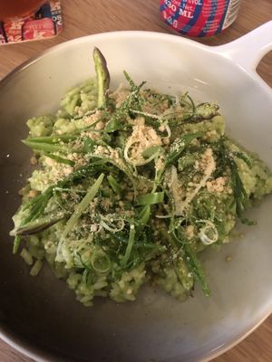 Green risotto with beans, asparagus, cucumber and vegan Parmesan.  at The Green Room - Cityhotel Wood in Middelburg
