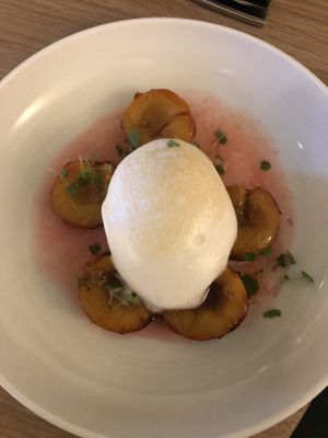 Cooked prunes with lemon sorbet, meringue from aquafaba and atsina cress.  at The Green Room - Cityhotel Wood in Middelburg