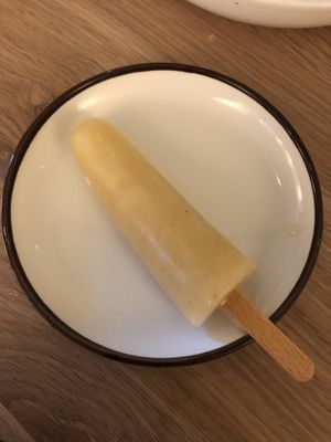 A homemade pear pop sickle from the children's menu.  at The Green Room - Cityhotel Wood in Middelburg