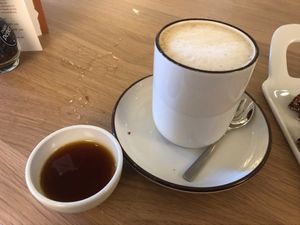 Cappuccino with oat milk and maple syrup.  at The Green Room - Cityhotel Wood in Middelburg