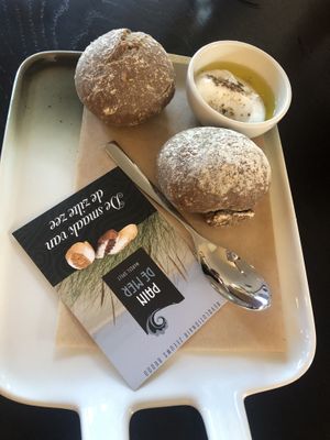 First starter: bread made with seawater, served with olive oil, coconut yoghurt and spices. at The Green Room - Cityhotel Wood in Middelburg