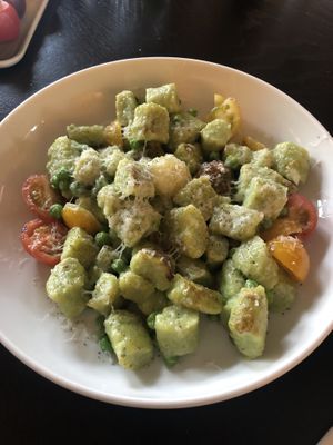 Vegetarian, not vegan, from one of my table companions. Can be ordered vegan though. Gnocchi with peas, tomatoes, black pepper and goat cheese.  at The Green Room - Cityhotel Wood in Middelburg