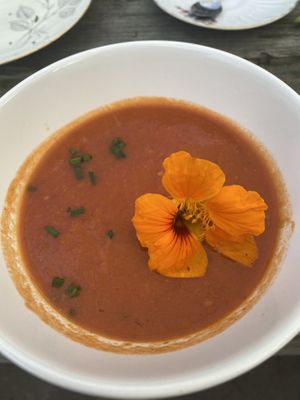 Second round of the high tea: tomato soup. at Theetuin Het Kaslokaal in Oostkapelle