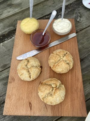 Fourth round of the high tea: Scones with lemon curd, jam and cream. at Theetuin Het Kaslokaal in Oostkapelle