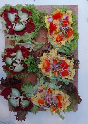 Lijnzaadcrackers met bietenhummus en jackfruitkerriesalade at Theetuin Het Kaslokaal in Oostkapelle