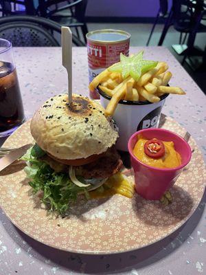 The Hoax brgr with fries and pepper and chili aioli.  at HOAX in Tampere