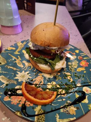 A burger with vegan feta and tsatsiki at HOAX in Tampere