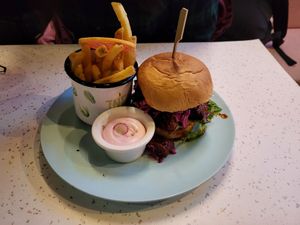 Korean fried chicken burger + fries + tryffel vegan mayo dip at HOAX in Tampere
