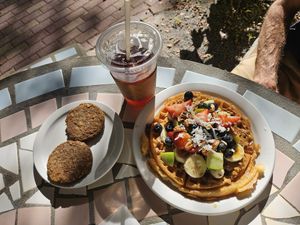 Waffle wonder and plants based sausage with tea at Hibiscus Cafe in Grayton Beach