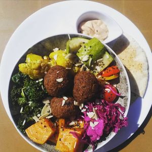 Vegan Buddha Bowl with Falafel sweet potato, pickled veg and kale. at Mo's Diner in Ir-rabat Ghawdex