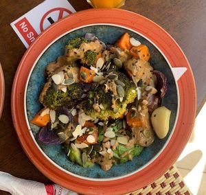 Vegan sweet potato satay bowl - roasted sweet potato, garlic, onions, quinoa and satay dressing. at Mo's Diner in Ir-rabat Ghawdex