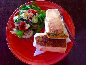 Spicy chickpea, potato and mango chutney, samosa-style wrap. at Mo's Diner in Ir-rabat Ghawdex