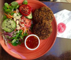 Quinoa cakes made with sweet potato, kale, sundried tomato, sunflower and chia seeds at Mo's Diner in Ir-rabat Ghawdex