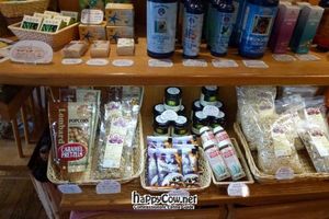 Shop are ain the cafe, selling dried vege meat chunks, cans of Amy's vegetarian stews and curries, wheat free pasta and veggie stock cubes at Little Bear Cafe in Takayama