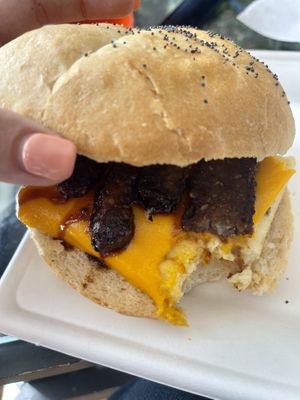 Vegan egg and tempeh bacon sandwich  at Bonafide Bakeshop & Cafe in Apex