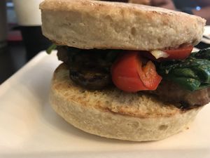 I don’t take the best photos but this is the Beyond sandwich on an English muffin  at Bonafide Bakeshop & Cafe in Apex