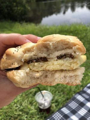 Breakfast sandwich with Just Egg, vegan cheddar, tempeh bacon on a kaiser roll. Delicious! at Bonafide Bakeshop & Cafe in Apex