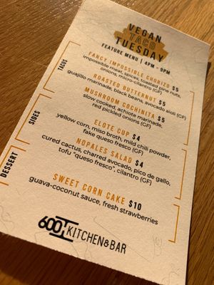 Vegan Taco Tuesday Menu for 11/14/23: Every 2nd Tuesday of the month at 600 Kitchen and Bar in Kalamazoo