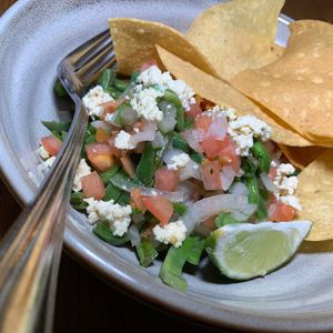 Nopales Salad: Cured Cactus, Charred Avocado, Pico de Gallo, Tofu "Queso Fresco", Cilantro.  From Vegan Taco Tuesday 11/14/23 (every 2nd Tuesday of the month) at 600 Kitchen and Bar in Kalamazoo